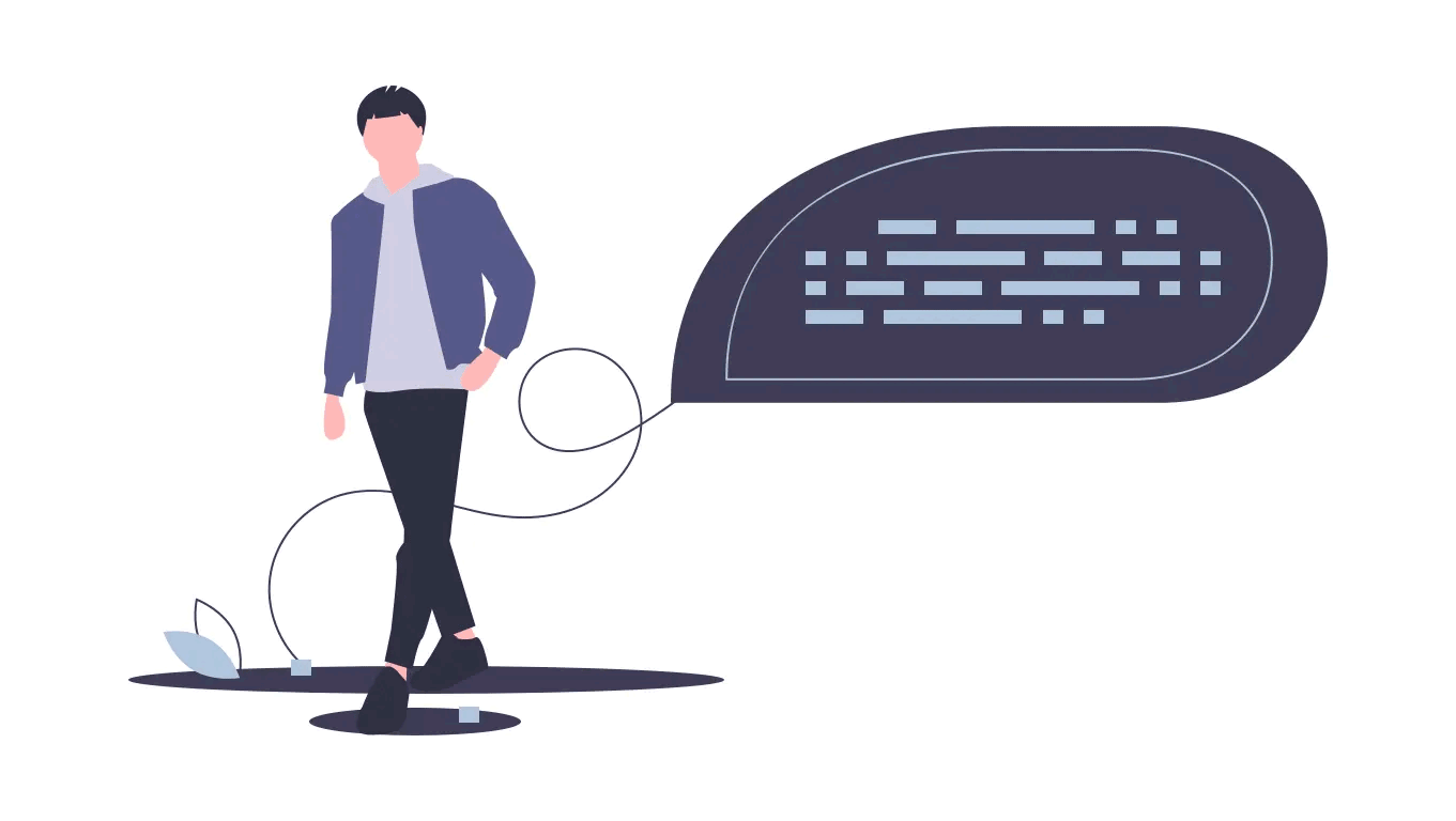 Illustration of man walking with code balloon in the background.